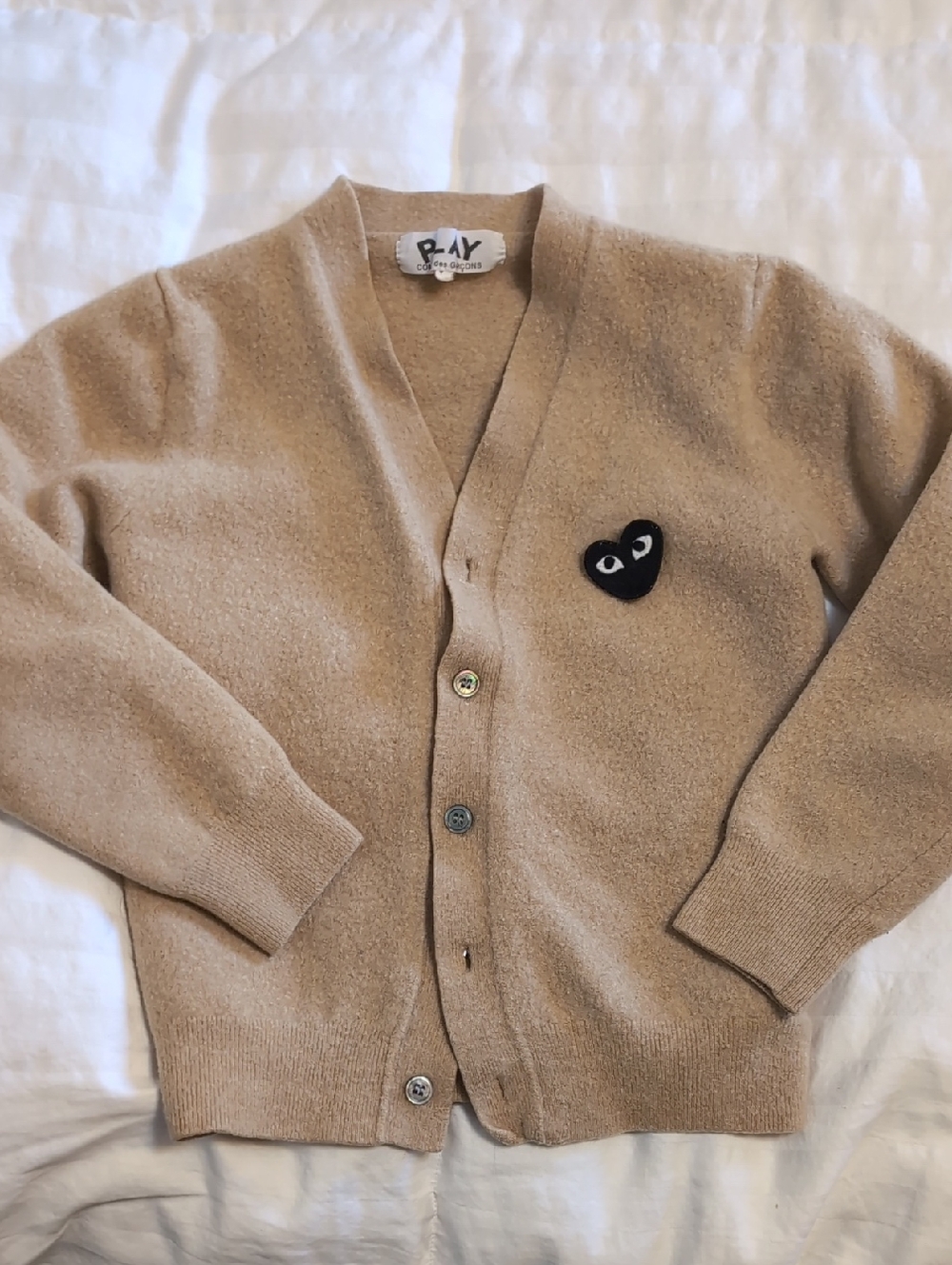 Comme des Garcons Beige Cardigan with Black Heart Patch